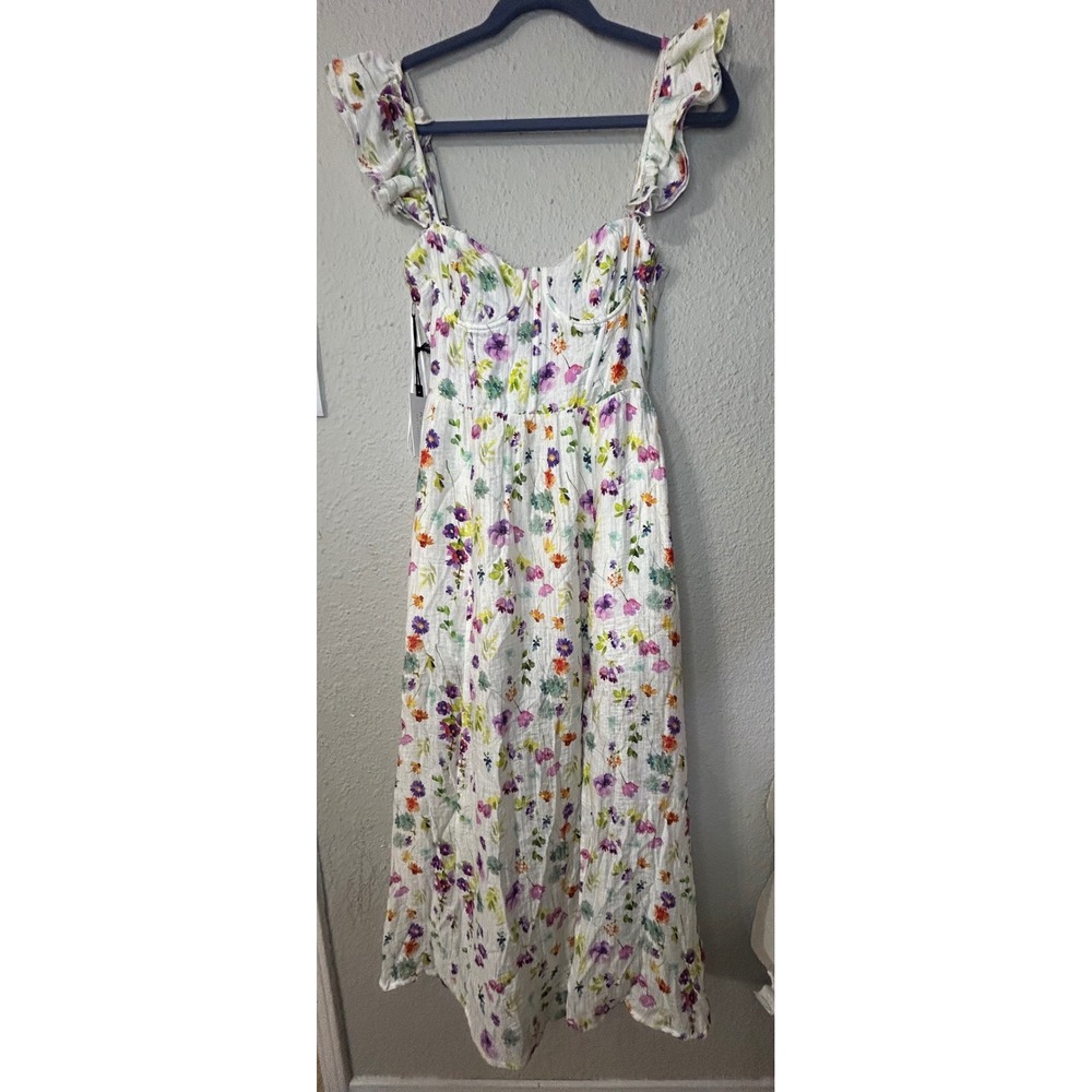 ASTR The Label Floral Bustier Midi Dress White Ruffle Lace Up Back XS NEW